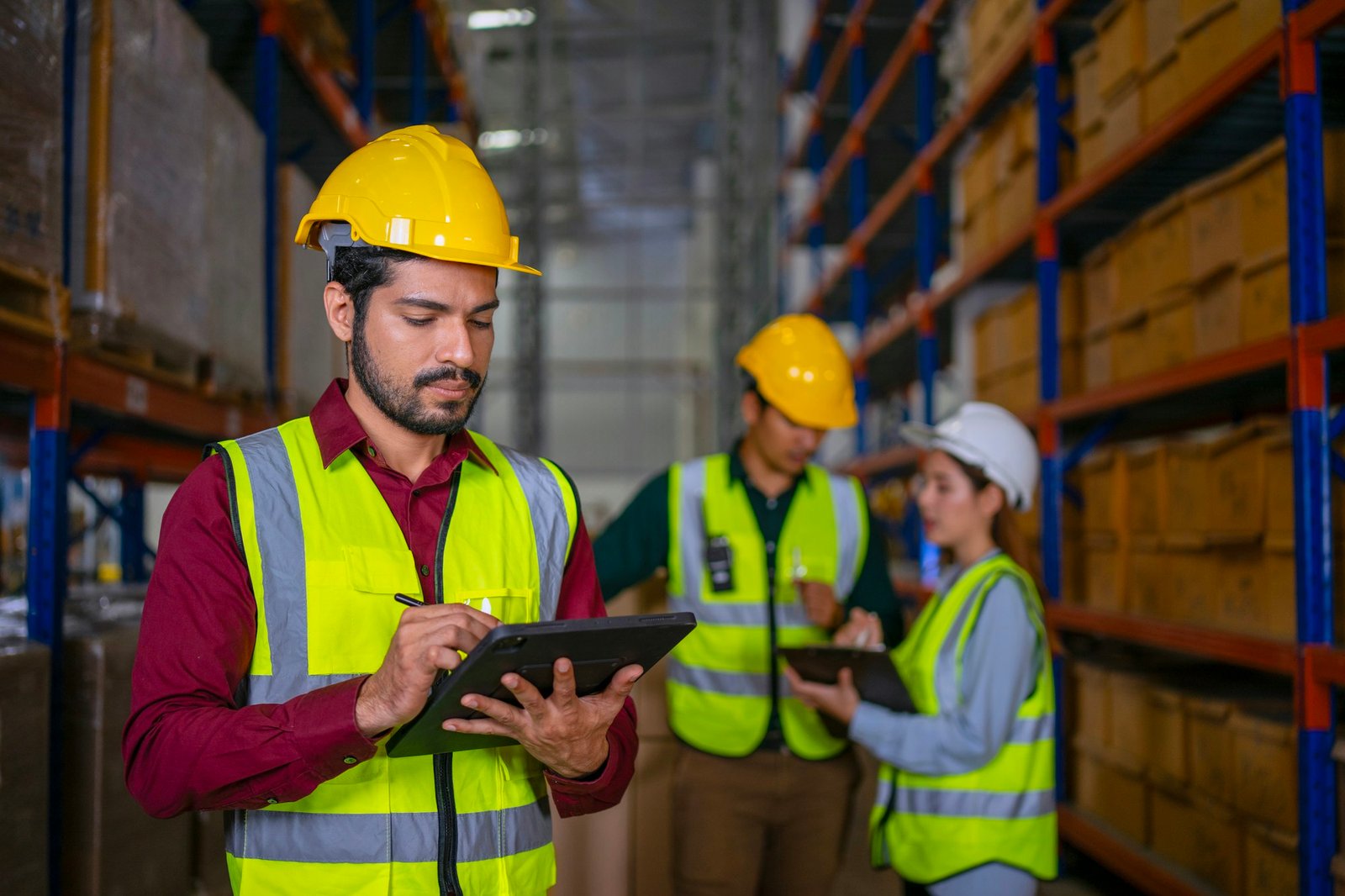 Blue collar workers are working at warehouse.